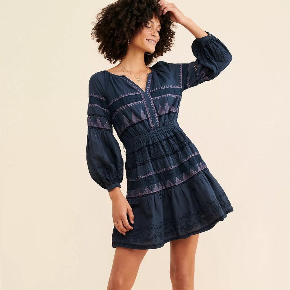 Anthropologie “Skye” Embroidered Boho Mini Dress | Size M